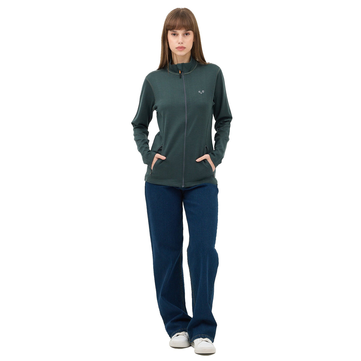 Zelená bunda ze 100% merino vlny 250 g/m² k džínám – celá postava