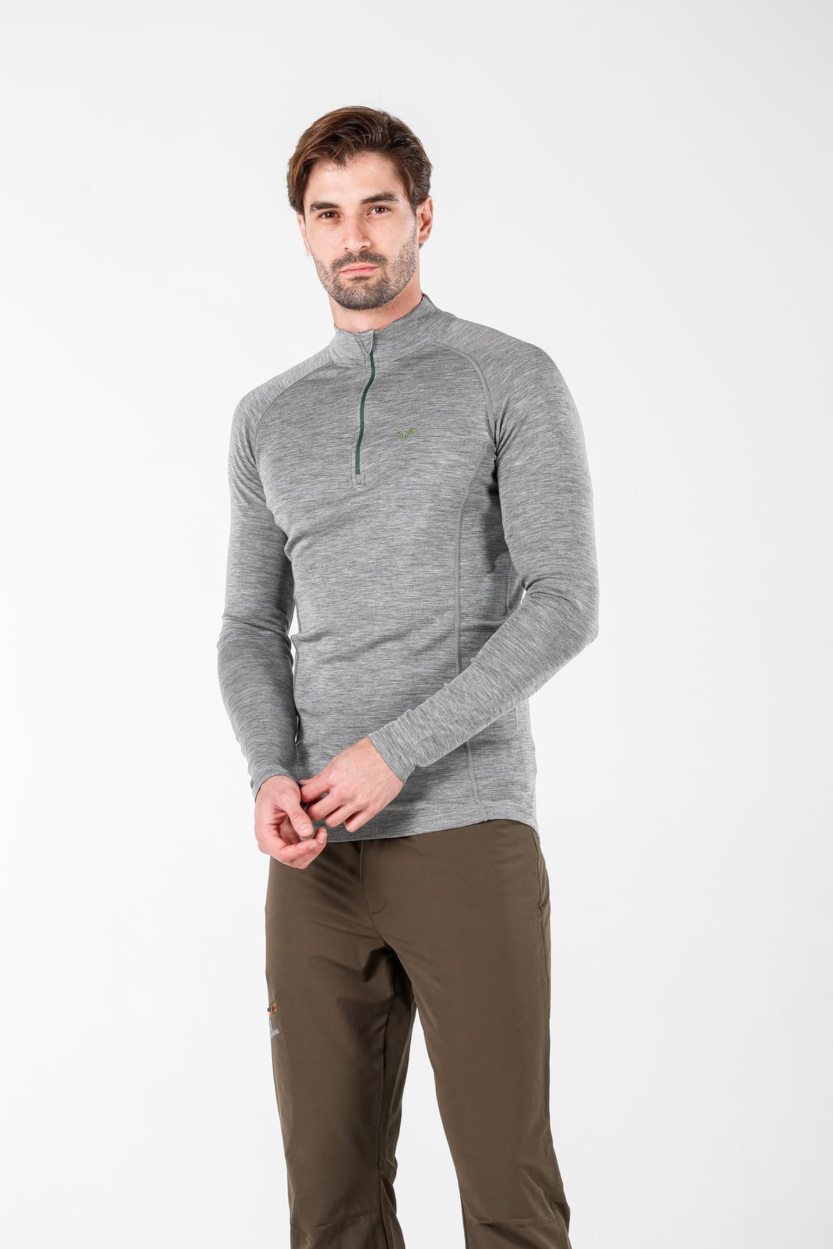 Szary męsk longsleeve 100% wełna merino z zamkiem YKK 195 g/m²