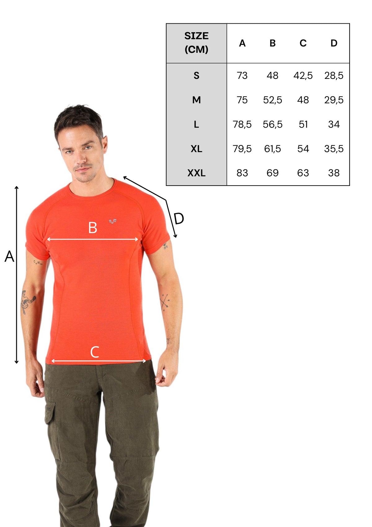 Tabulka velikostí – Berg – Pánské triko 100% merino vlna – oranžová
