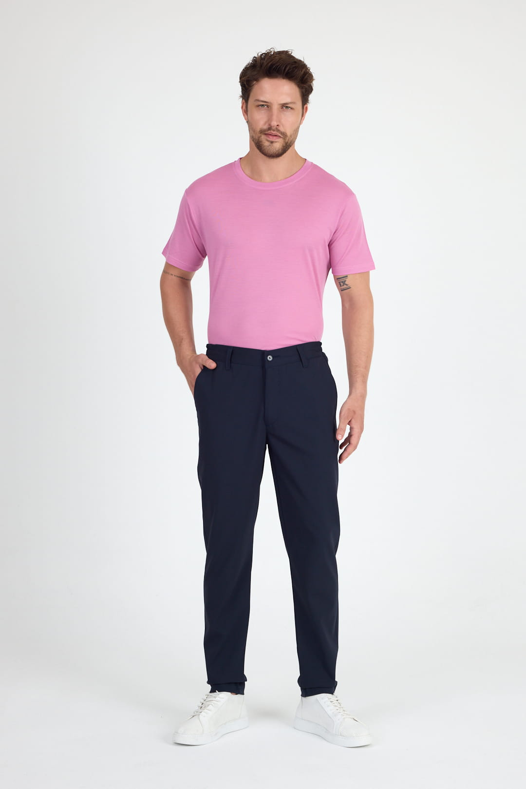 Tmavě modré pánské chino kalhoty s 45% merino vlnou