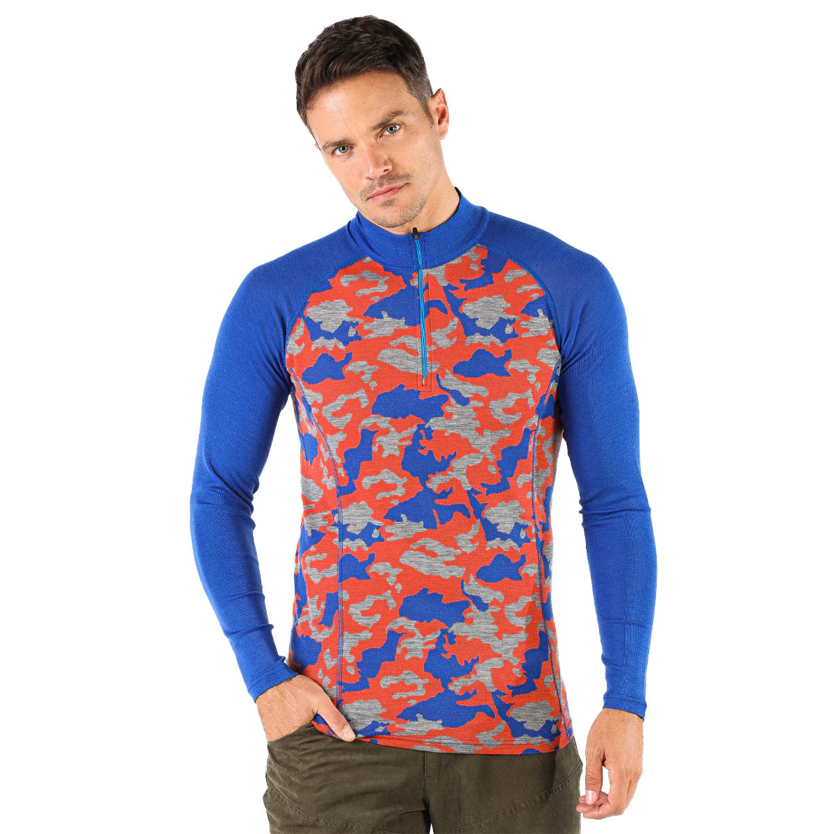 Męska bluza Asker Zip ze 100% wełny merino w niebieskim wzorze moro