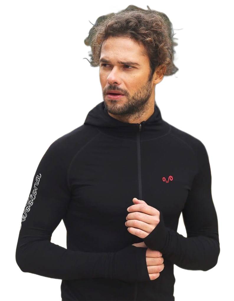 Czarna bluza z wełny merino na rower z pętlą na kciuk