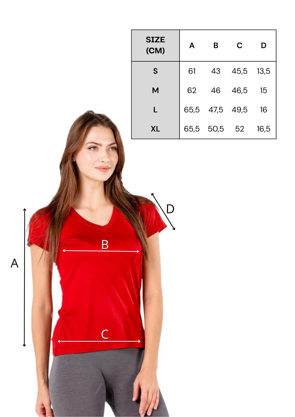 Tabela rozmiarów damskiej koszulki merino Calima 135 g/m²