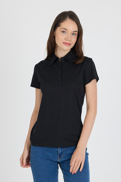 Czarna damska koszulka polo ze 100% wełny merino 170 g/m²