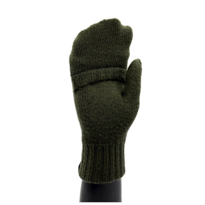 Zelené palčáky s klopou ze 100% merino vlny – klopa zavřená 