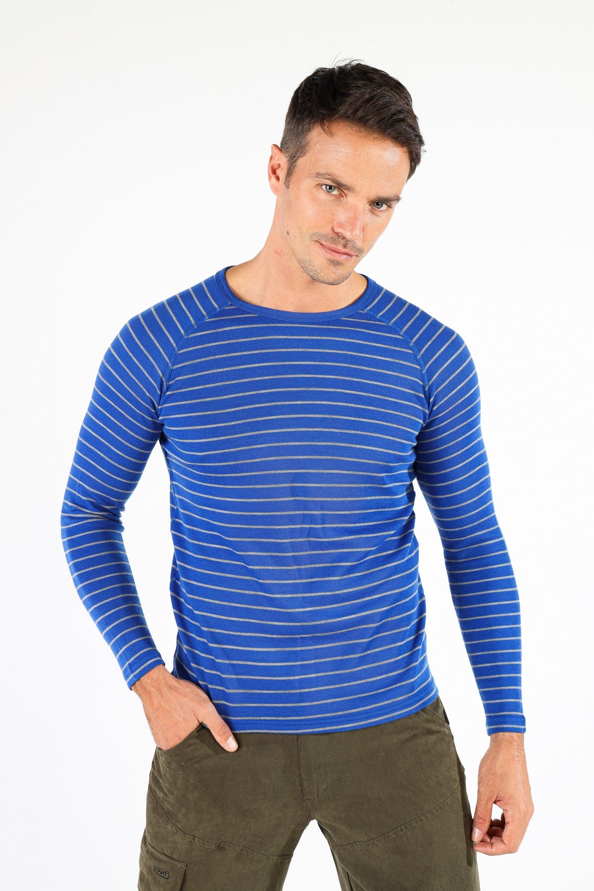 Męska bluza merino Thor w kolorze niebieskim z kontrastowymi paskami